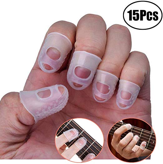 Lvcky 15 Pcs Guitar Finger Protectors,Clear Silicone Finger Guards for Ukulele，Guitar（L/M/S/XS/XXS Size） with 5 Assorted Guitar Picks（0.46mm）