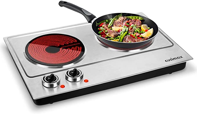 Cusimax Hot Plate, Portable Electric Stove Countertop Burner with Adjustable Temperature Control & Non-Slip Rubber Feet, Cooktop for Dorm Office Home Camp, Compatible for All Cookwares (Infrared, Double Burner)