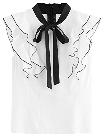 Romwe Women's Casual Cap Sleeve Bow Tie Blouse Top Shirts