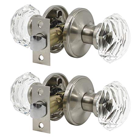 2 Pack Diamond Crystal Door Knobs,Hall Closet Door Knobs, Passage Door Locks,Satin Nickel, 55mm Diameter