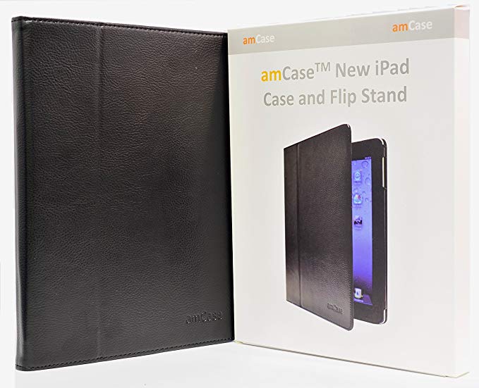 AM amCase Leather Case Cover and Flip Stand (Black) for Apple iPad 2/iPad 3/iPad 4 (the new iPad)--With Built-in Magnet for sleep/wake feature