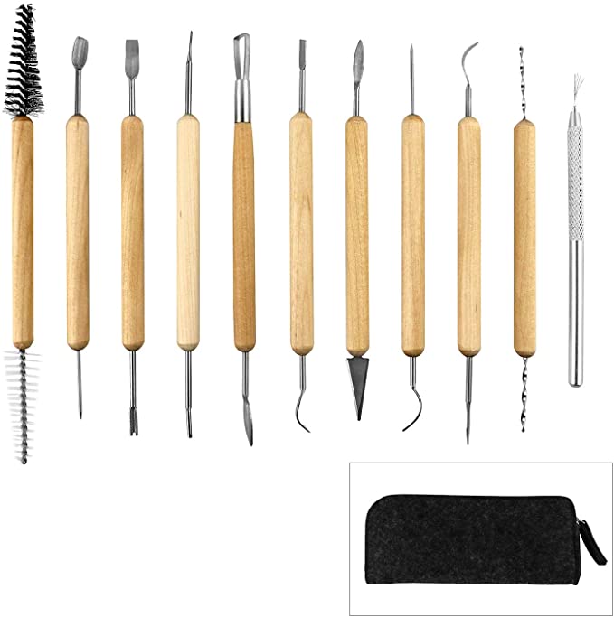 QWORK 11 Pcs Wooden Handle Clay Pottery Sculpting Tools Clay Cleaning Tool Kit