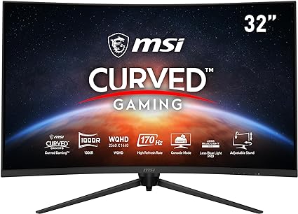 MSI G321CQP E2, 32" Gaming Monitor, 2560 x 1440 (QHD) Curved Gaming Monitor, 1 ms, 170Hz, FreeSync Premium, 1000R, HDMI, DisplayPort, Tilt, Swivel, Pivot and Height Adjustable.