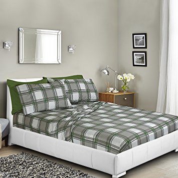 Printed Bed Sheet Set, Full - Green and Gray Plaid - By Nestl Bedding, 6 Piece Bed Sheet 100% Soft Brushed Microfiber, Hypoallergenic, With Deep Pocket Fitted Sheet, 1800 Luxury Bedding Collection.