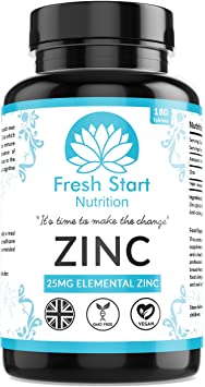 Zinc Tablets 25mg – Zinc Tablets High Strength for Maintenance of Normal Immune System, Hair, Skin, Nails & Bones - 180 Vegan Tablets – Made in The UK by Fresh Start Nutrition