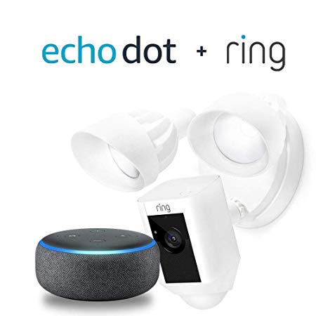 Ring Floodlight Camera Motion-Activated HD Security Cam Two-Way Talk and Siren Alarm - White with Echo Dot (3rd Gen) - Charcoal