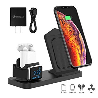 Wireless Charger Stand with Cooling Fan , 3 in 1 Charging Station Dock for AirPods, Wireless Charging for Apple iWatch 4/3/2 & iPhone Xs MAX/XR/XS, Fast Charging for Samsung Galaxy S10/S10 /S9, Black