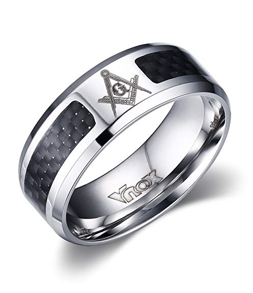 MG Masonic Jewelry Stainless Steel Black Carbon Fiber Inlay Masonic Ring Bands, Beveled Edge