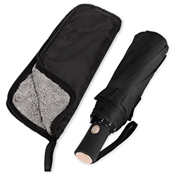 CALISH Windproof Umbrella Automatic Folding Rain Umbrella, Auto Open and Close for One Handed Operation Black Travel Umbrella with Water Absorbent Cleaning Cloth Umbrella Cover