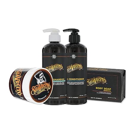 Suavecito Hair & Body Essentials Bundle: Original Hold Hair Styling Pomade, Moisturizing Body Soap, Hydrating Shampoo & Nourishing Conditioner