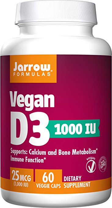 Jarrow Formulas Vegan Vitamin D3, 1000 IU, 60 Veggie Capsules. Pack of 1 Bottle