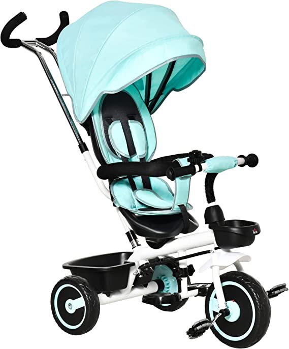 HOMCOM Tricycle Enfant évolutif - Pare-Soleil, Canne télescopique Amovible - siège pivotant, Harnais, Arceau sécurité - Repose-Pied - 2 paniers Rangement - métal PP Polyester Bleu Ciel