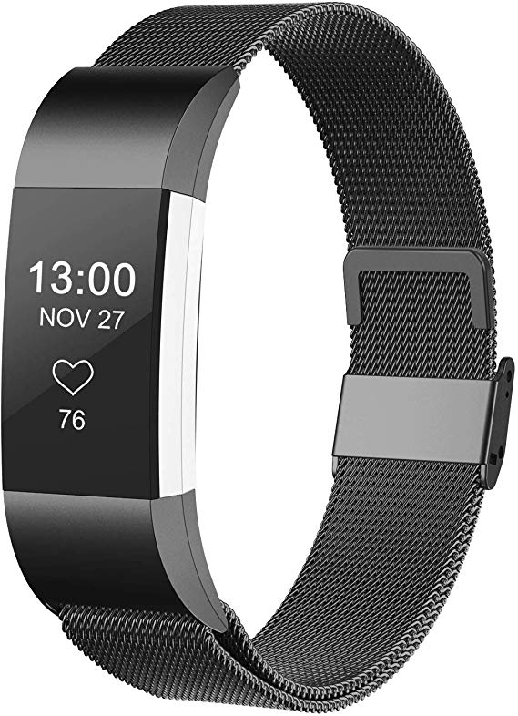 CCnutri Compatible with Fitbit Charge 2 Bands, Stainless Steel Loop Metal Mesh Bracelet for Fitbit Charge 2 Replacement Wristbands for Women Men, Large Small