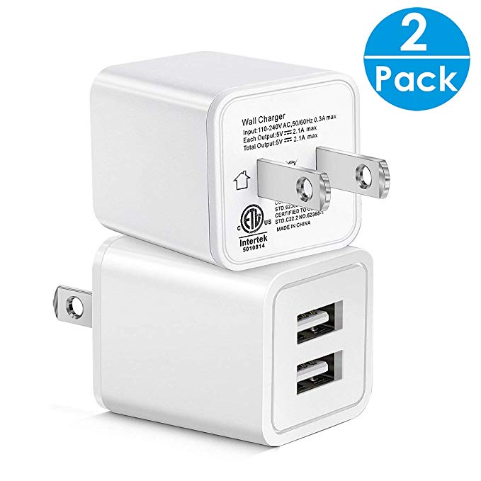 Dual Port Wall Charger, SEGMOI 2-Pack 5V/2.1A USB Wall Charger Plug Power Adapter Charging Block Cube for iPhone X 8 7 Plus,Samsung Galaxy S9 S8,BlackBerry,Nexus,HTC,LG,Oneplus,and More