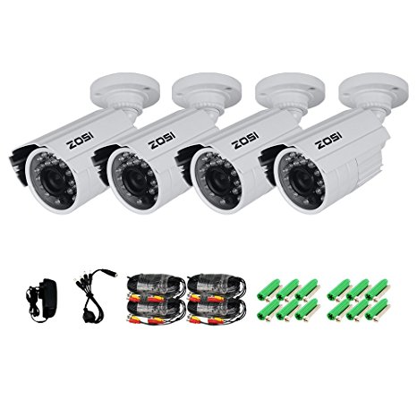ZOSI 4 Pack 1/3" 800TVL 960H HD Security Surveillance CCTV Camera Kit 24 Led Had IR Cut Day Night 3.6mm Lens Outdoor Weatherproof