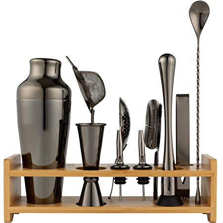 Jillmo Bartender Kit - 11 Piece Cocktail Shaker Bar Tool Set Black with Bamboo Stand - Professional Home Bartending Kit and Martini Cocktail Shaker Set