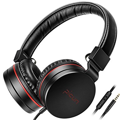 Picun C18 Headphones with Microphone and Volume Control Lightweight Foldable HiFi Stereo Bass Headset Over Ear for PC Cell Phone Tablet IPhone MP3 Smartphones Game Laptop Computer PS4 Xbox One (Black)