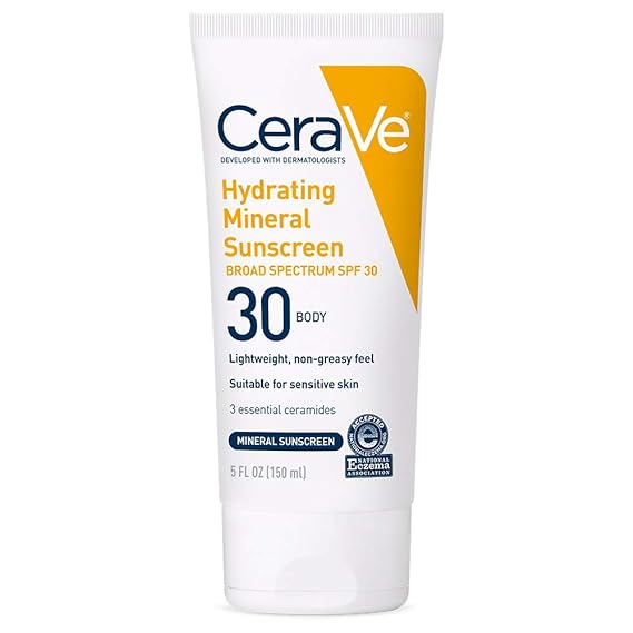 CeraVe 100% Mineral Sunscreen SPF 30 | Body Sunscreen with Zinc Oxide & Titanium Dioxide for Sensitive Skin | 5 oz, 1 Pack