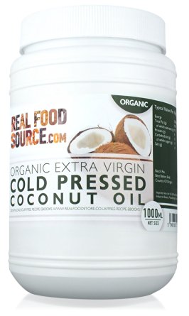 RealFoodSource Certified Organic Extra Virgin Cold Pressed Coconut Oil 1 Litre Eco Tub (~920g) with FREE Coconut Oil Recipe Ebook