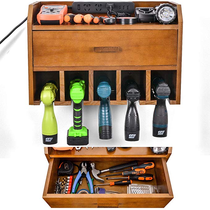 Power Tool Charging Station - Storage Rack Updated with Drawer - Drill Organizer Charging Station, Wooden Cordless Drill Holder Wall Mount