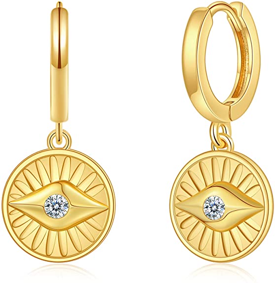 Evil Eye Coin Dangle Hoop Earrings 14K Gold Plated Cubic Zirconia Medallion Pendant Earrings Jewelry Gift for Women