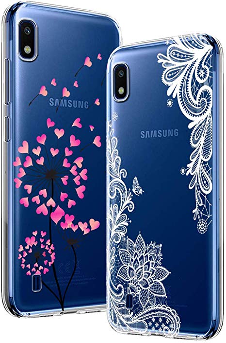 BAOWEI [2-Pack] for Samsung Galaxy A10 Case, Ultra Thin Crystal Clear Soft TPU Silicone Case with Stylish Cute Pattern Protective Phone Case Cover for Samsung A10 - Pink Dandelion & White Flower
