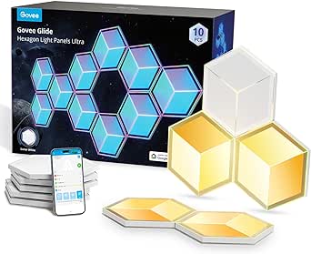 Govee Glide Hexagon Light Panels Ultra, 3D Wall Lights with DIY, RGBIC LED Gaming Lights for Wall, LED Lights for Gaming Setup with 129 Lamp Beads, Works with Alexa, 10 Pack, Lunar White