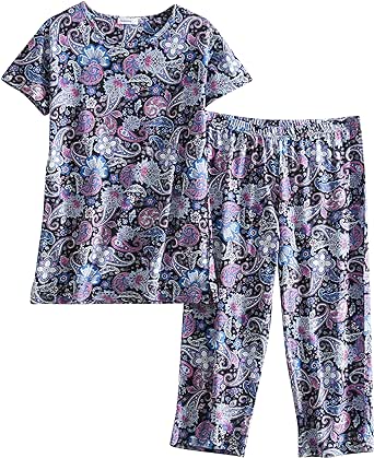 PNAEONG Women’s Pajama Set - Sleepwear Tops with Capri Pants Casual and Fun Prints Pajama Sets SY215-Purple-XL