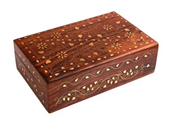Gorgeous Hand Carved Rosewood Trinket Jewelry Box with Mughal Inspired Brass Inlay & Velvet Interior Gift Ideas