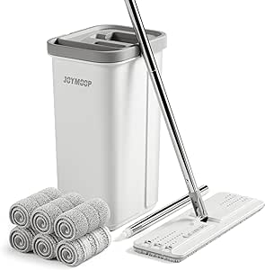 JOYMOOP Mop and Bucket with Wringer Set, White Flat Squeeze Mop Bucket Set for Floor Cleaning, Wall Cleaner with Long Handle, Hardwood Floor Mop, Flat Head Mops -6 Microfiber Cloths