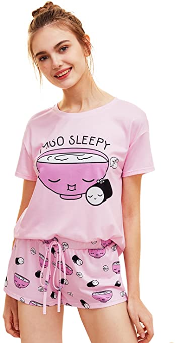 DIDK Women's Cute Cartoon Print Tee and Shorts Pajama Set