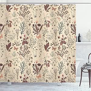 Ambesonne Floral Shower Curtain, Vintage Garden Plants Herbs Flowers Botanical Classic Design Illustration, Cloth Fabric Bathroom Decor Set with Hooks, 69" W x 70" L, Beige Paprika