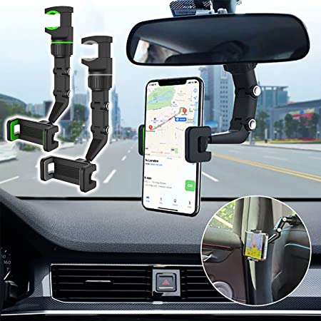 360° Rearview Mirror Phone Holder, Car Rearview Mirror Mount Phone Clip and GPS Holder, Universal 360 Degrees Rotating Car Phone Holder, Cell Phone Automobile Cradles (Black)