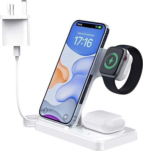 Wireless Charger, PUGO TOP 3 in 1 15W Fast Charging Station with Plug Compatible with iPhone 15 14,13,12,11/XS Max/XR, iWatch Ultra 2/Ultra/9/8/7/6/SE/5/4/3/2, AirPods 3/2/pro- White