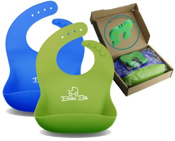 Premium Silicone Baby Bibs, Soft & Waterproof by Bébé Earth® - GREEN & BLUE For Boys & Girls | With WIDE Food Catcher That Always Keeps Its Shape | Wipe Clean, Fast Drying | FREE Door Slam Guard