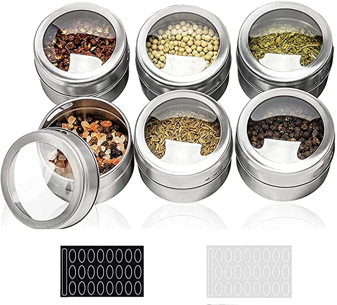 Magnetic Spice Tins Stainless Steel Spice Jars Clear Top, Multi-Purpose Storage Spice Container with Spice Labels, 6 Spice Tins with Clear Lid Sift And Pour Home Kitchen