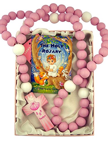 Pink Wooden Prayer Bead My First Rosary with Baptism Cross, 18 Inch