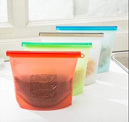 Kitchen Wonders 4-PACK Reusable Silicone Food Grade Bags Preservation Storage Container Airtight Seal Cooking Bag Storage Vegetable Meat Milk for Freeze & Heat Microwave Dishwasher Safe w/DISH BRUSH