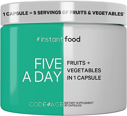 Codeage 5 Servings of Fruits & Veggies Equivalent in 1 Single Capsule, Whole Food Non-GMO, 15 Greens & Fruits All-in-One Pill, Eat Vegetables for Wellness Vegan Vitamins Supplement, 30 ct