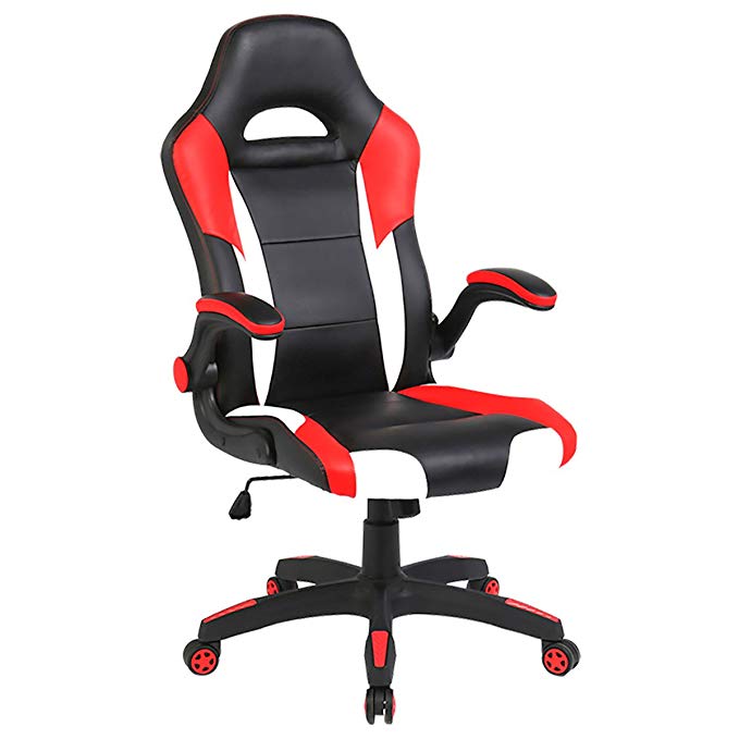 Adjustable Gaming Swivel Ergonomic High-Back Leather Chair with Flip-Up Armrest Racing Style Car Seat Computer Chair Black&Red