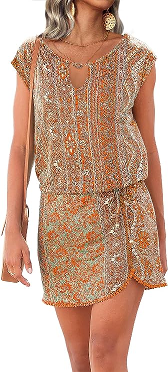 Summer Dresses for Women 2023 Trendy Beach Cove Up Dress Floral Print with Elegant Lace Crochet Edging