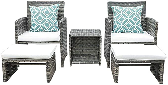 OC Orange-Casual 5 Piece Wicker Outdoor Furniture Set Rattan Bistro All Weather Conversation Set with Ottoman, Coffee Side Table, Outdoor Indoor Use Backyard Porch Garden Poolside Balcony