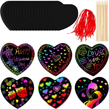 Mudder 60 Pieces Valentine Crafts Scratch Paper Ornaments Heart Shape Rainbow Scratch Craft Art,with 10 Pieces Wooden Styluses and 60 Pieces Ribbons for Valentine DIY Art Decorations