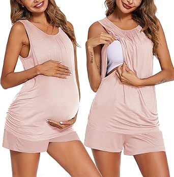 Ekouaer Women Maternity Nursing Pajama Set Breastfeeding Double Layer Pregnancy Pjs Set Sleeveless Top & Shorts with Pockets