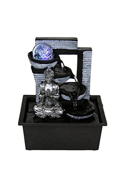 Buddha Indoor Tabletop Water Fountain Black/Silver w/Rolling Crystal Ball LED Lights