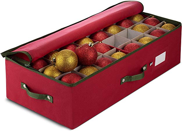 ZOBER Underbed Christmas Ornament Storage Box Zippered Closure - Stores up to 64 of The 3-inch Standard Christmas Ornaments, and Xmas Holiday Accessories Storage Container with Dividers & Two Handles