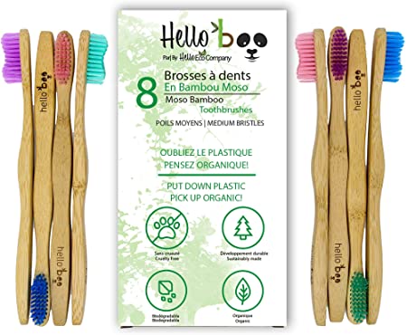 Bamboo Toothbrush for Adults and Teenagers | 8 Pack Biodegradable Tooth Brush Set | Organic Eco-Friendly Moso Bamboo with Ergonomic Handles and Medium Nylon Bristles | By Hello Eco Company