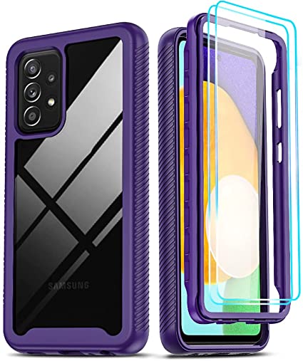 LeYi Compatible with Samsung A52 5G Case, Samsung Galaxy A52 5G Case with Tempered Glass Screen Protector [2 Pack], Full-Body Rugged Hybrid Bumper Shockproof Clear Phone Cover Cases for A52 5G, Purple