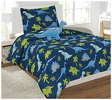 Fancy Linen Collection 6 PC Dinasour Blue Light Blue Grey Green Comforter set With Furry Buddy Included # Dinasour Twin Comforter