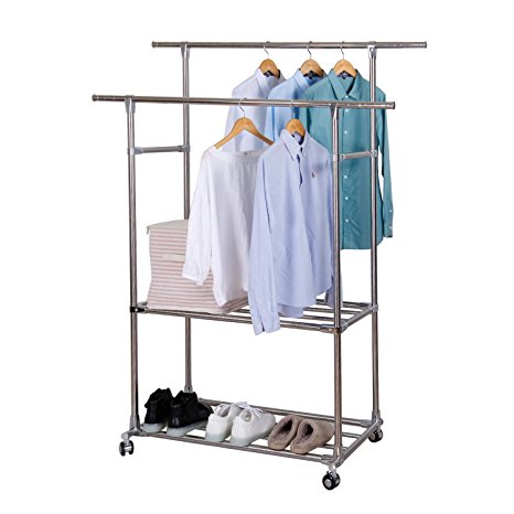 Lifewit Commercial Grade Clothes Rack Rolling Hanging Rack Extendable Double Rail Garment Clothing Rack with 2 Shelves